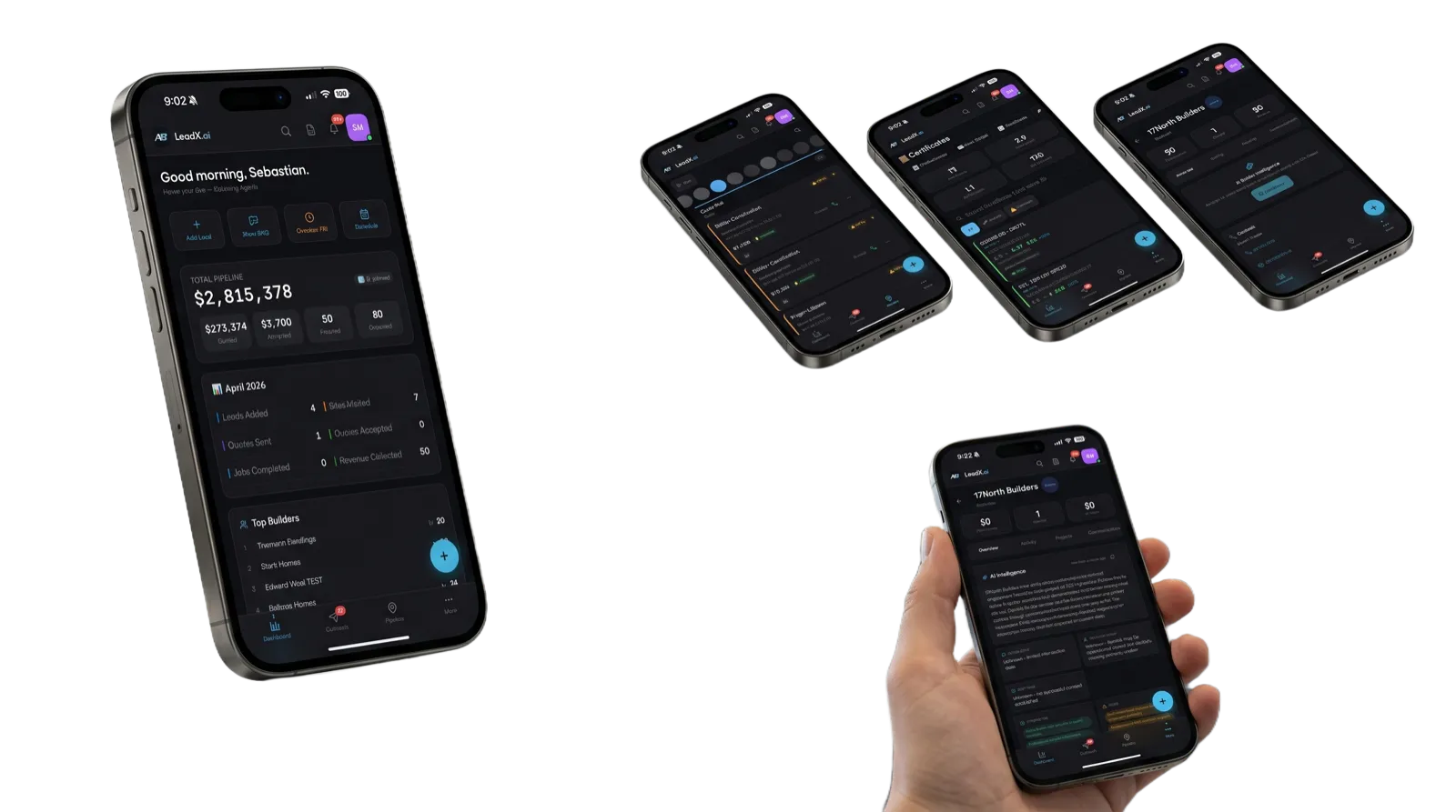 LeadX mobile dashboard - pipeline, certificates, and builder intelligence views