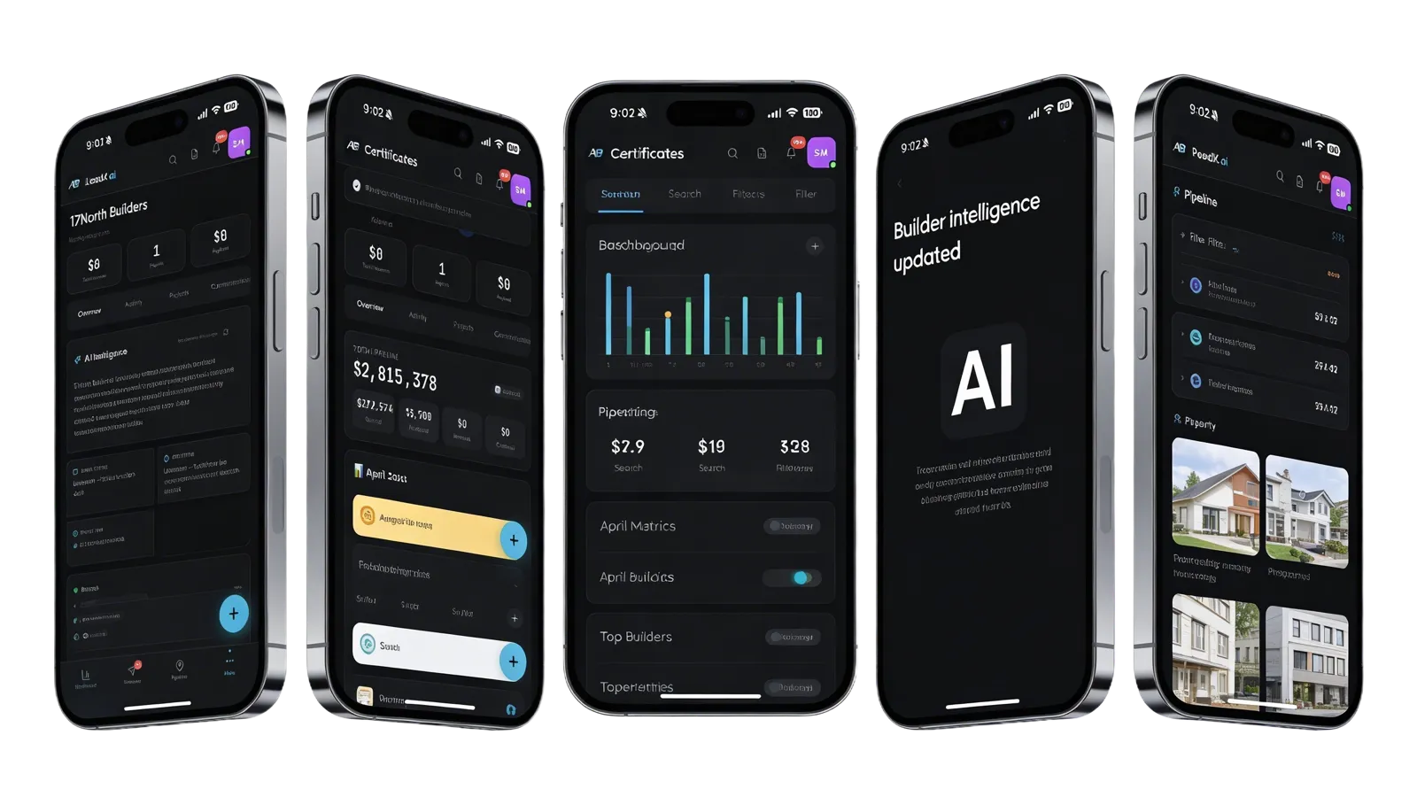 LeadX mobile app screens - builder profile, certificates, AI updates, and pipeline
